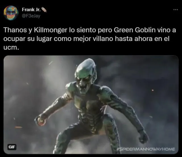 Duende Verde mejor que Thanos, según fan. Foto: Twitter @F3eJay