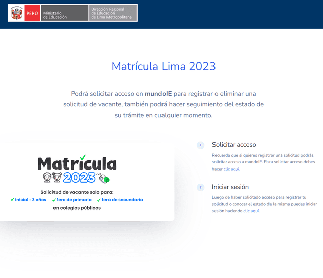 Matrícula 2023: aquí puedes solicitar una vacante para el nuevo año escolar.