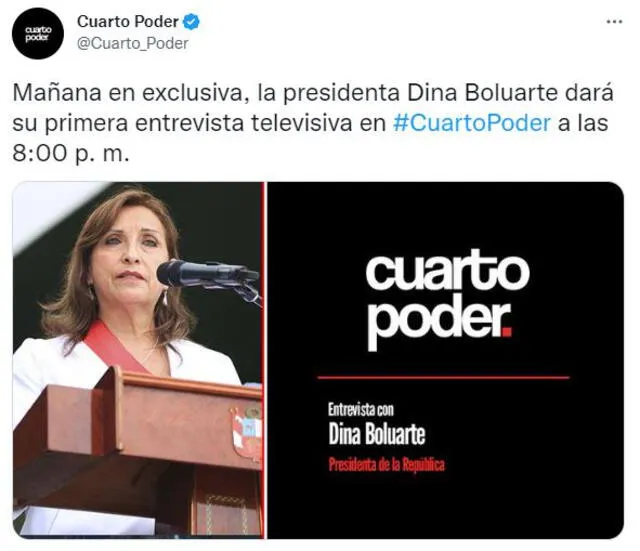 Dina Boluarte entrevista a Cuarto Poder. Foto: Captura
