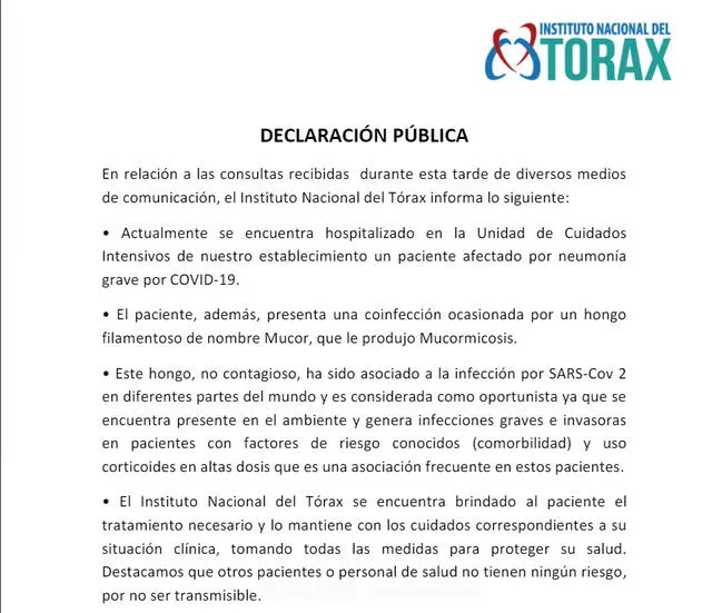 Parte del comunicado del Hospital del Tórax sobre el caso de 'hongo negro' vinculado a la COVID-19. Foto: difusión