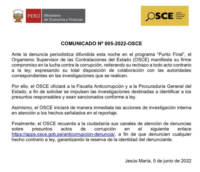 OSCE anunció investigaciones y apoyo a la Fiscalía.