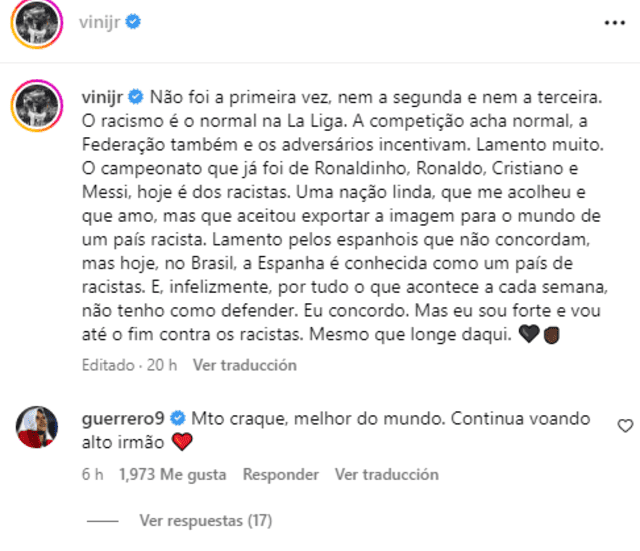  Paolo Guerrero comentó la publicación de Vinícius Júnior. Foto: Instagram   