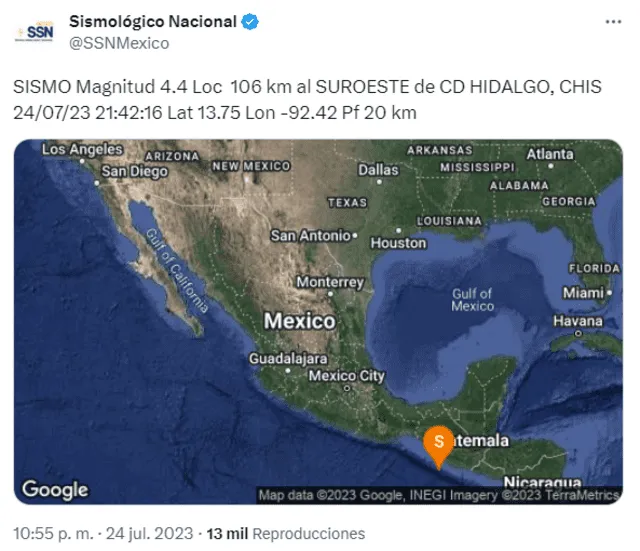 Último temblor registrado en México. Foto: SSN