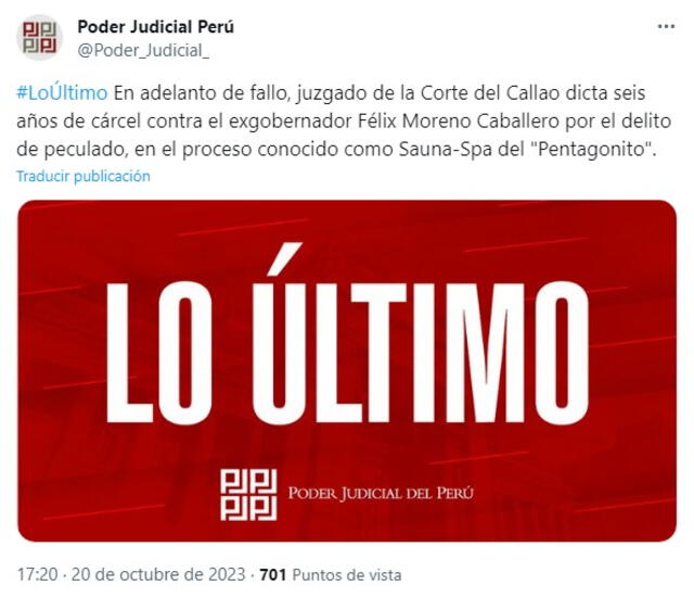 Poder Judicial informó acerca de decisión de la Corte del Callao respecto a Félix Moreno. Foto: Twitter   
