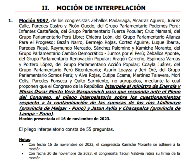 Congreso tenía en agenda aprobar la interpelación.    