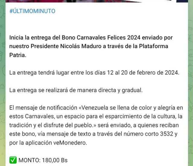 El subsidio fue llamado bono Carnavales Felices en alusión a la época a festejar dentro de Venezuela durante la segunda semana de febrero. Foto: Canal Patria Digital   