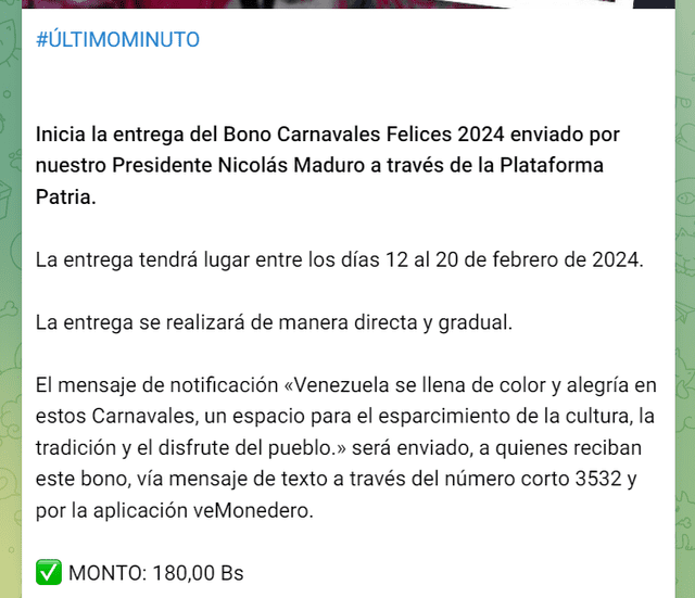 Ya llegó el Primer Bono Especial de febrero. Foto: Canal Patria Digital/Telegram.    