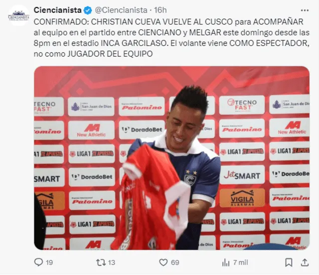 Según rumores, Cienciano quisiera contar en un futuro con Christian Cueva cuando se resulevan sus problemas judiciales. Foto: X   