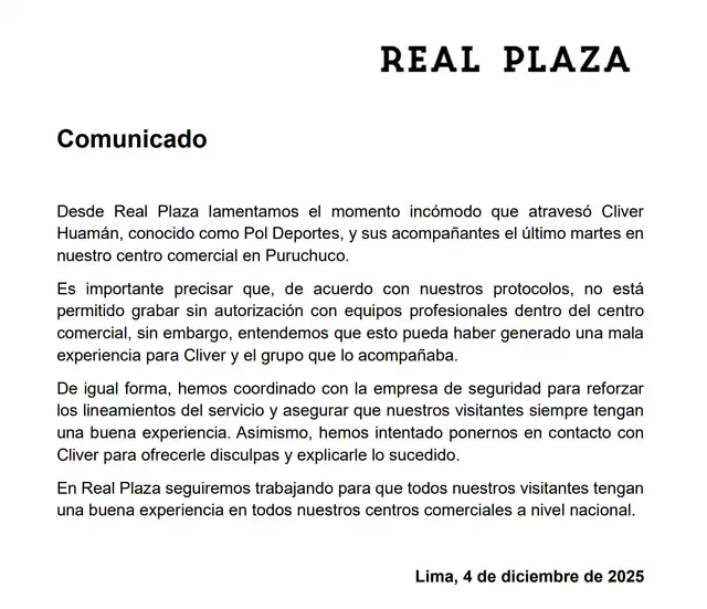 Centro comercial emitió comunicado este jueves. Foto: Real Plaza Centro comercial emitió comunicado este jueves. Foto: Real Plaza