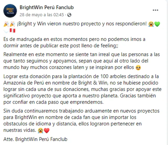 Donación de Bright Vachirawit y Win Metawin. Créditos: BrightWin Perú Fanclub
