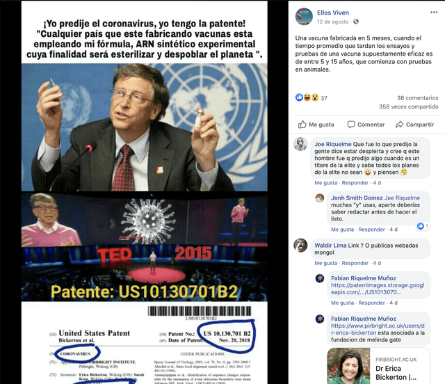 Publicación de la página de Facebook "Ellos viven" sobre Bill Gates. Foto: Captura.