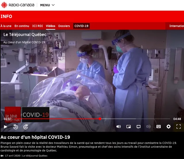 Reportaje de Radio Canadá publicado el 17 de abril del año 2020. En el video mostraron cómo trabajaría el personal de salud para combatir la pandemia contra la COVID-19. Fuente: Captura LR, Radio Canadá.