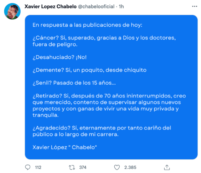 Xavier López ‘Chabelo’ se pronuncia y desmiente estar desahuciado