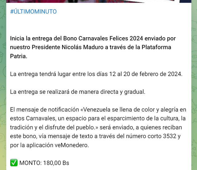  El Primer Bono Especial de febrero llegó en conmemoración a los Carnavales 2024 en Venezuela. Foto: Canal Patria Digital/Telegram   