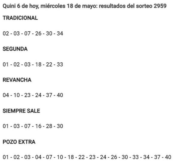 Resultados del Quini 6 del miércoles,18 de mayo de 2022. Foto: captura web