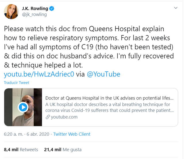La publicación de J.K. Rowling en Twitter en donde asegura haber sufrido los síntomas del COVID-19.