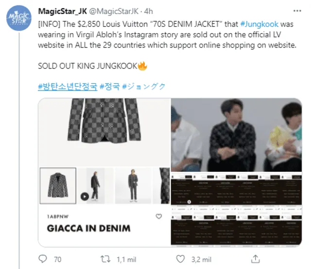 BTS: Jungkook provoca sold out de lujosa chaqueta Louis Vuitton en 29  países, Cultura Asiática