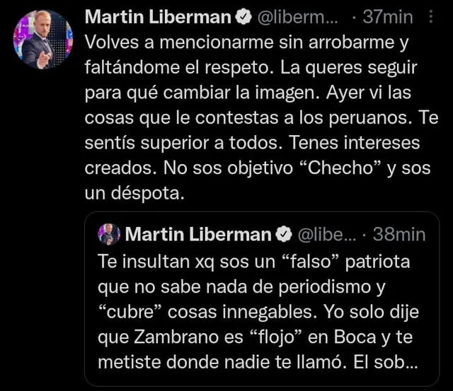 Tuit de Liberman en respuesta a la publicación del 'Checho' Ibarra. Foto: captura