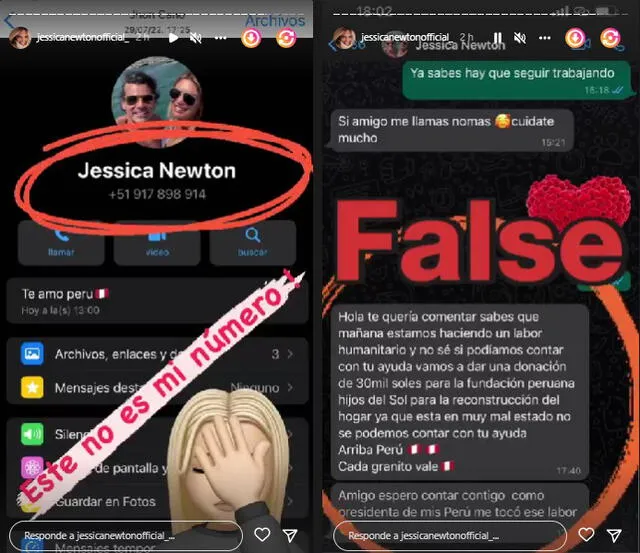 29.7.2022 | Historias de Jessica Newton exponiendo a los estafadores. Foto: captura Jessica Newton/Instagram