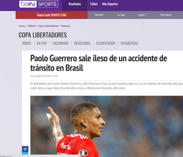 Prensa internacional informó sobre accidente de Paolo Guerrero. Foto: captura de pantalla