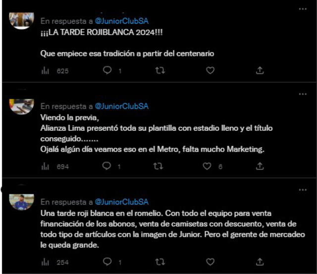 Comentarios de los hinchas de Junior que piden su Tarde Rojiblanca. Foto: captura de Twitter