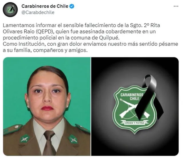 Rita Olivares asesinada el pasado fin de semana en Quilpué. Foto: @Carabdechile/ Twitter   