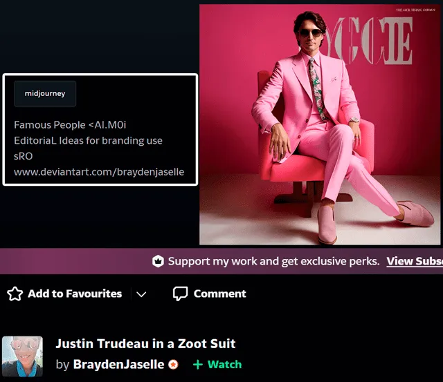  La artista BraydenJaselle hizo la imagen en la que Trudeau aparece en traje rosa supuestamente para Vogue. Inescrupulosos la sacaron de contexto. Foto: DevianArt   