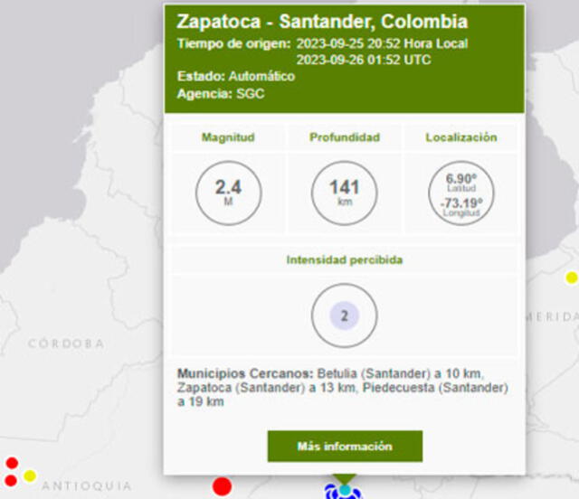 Último temblor hoy en Colombia. Foto: SGC   