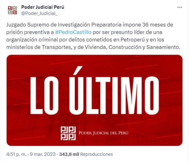 <em> Comunicado del PJ sobre la sentencia establecida contra Pedro Castillo. Foto: captura de X</em>   