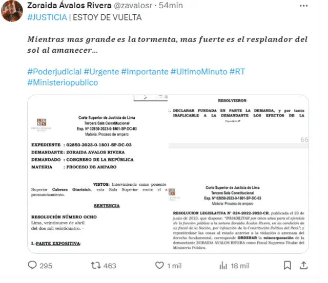 Zoraida Ávalos se pronunció en sus redes sociales.   