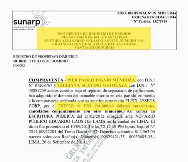 Registro de propiedad del inmueble de Pier Figari Mendoza en Chacarilla, Santiago de Surco. Foto: La República   