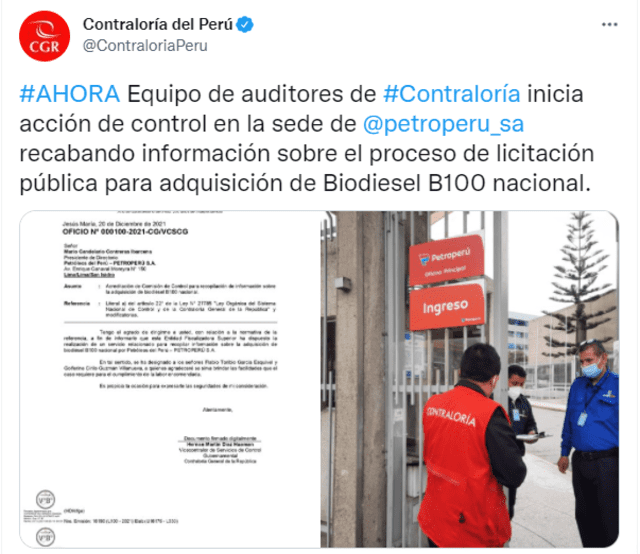 Contraloría anunció que iniciaron indagaciones en las oficinas de PetroPerú. Foto: captura de Twitter