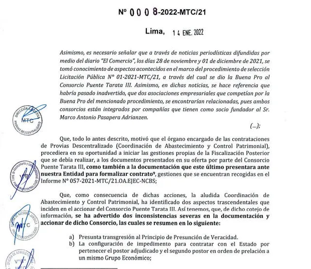 Provías declaró la nulidad del contrato firmado con el consorcio Puente Tarata III. Foto: captura de la resolución directorial