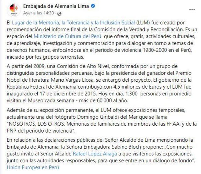 La Embajada de Alemania en Lima respondió a López Aliaga por redes sociales. Foto: captura Embajada de Alemania en Lima/Facebook