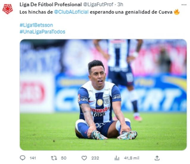 Controversial publicación de Liga 1 sobre Cueva. Foto: captura de Twitter 