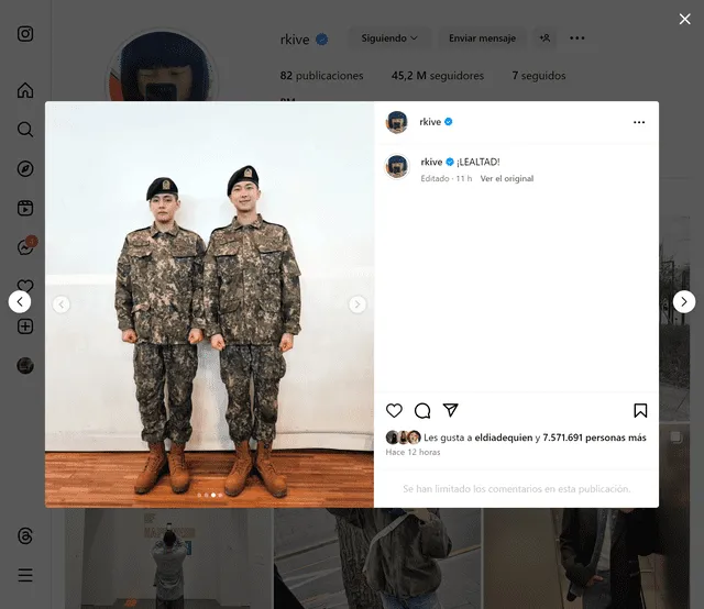  V y RM con el uniforme del Ejército coreano. Foto: captura/Instagram/Rkive   