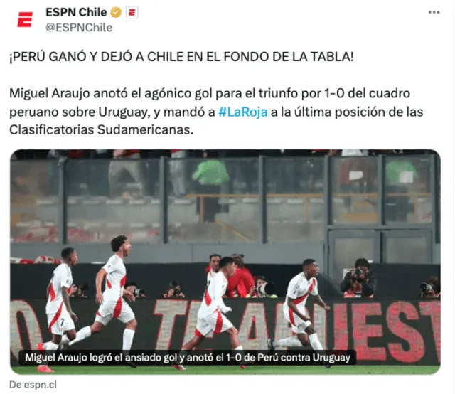 Reacción de la prensa chilena tras el triunfo de Perú ante Uruguay. Foto: ESPN   