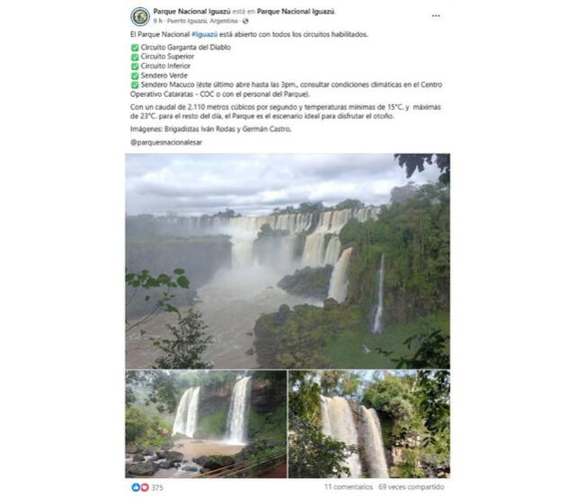 <em>Publicación de la cuenta del Parque Nacional Iguazú sobre la actual situación de las cataratas. Foto: captura de Facebook</em>   