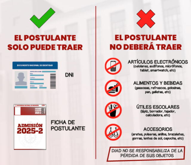 Objetos permitidos y prohibidos para el examen de admisión 2025-2. Foto: DIAD-UNI   