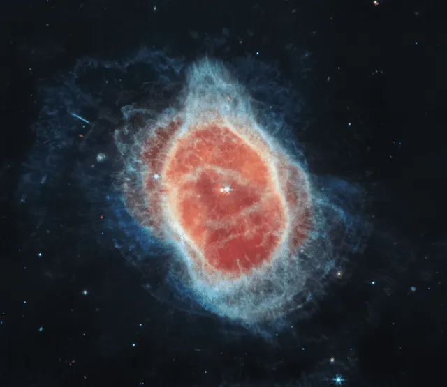 La misma nebulosa, captada con la cámara de infrarrojo medio (MIRI) de James Webb, que le da una vista más profunda. Foto: NASA