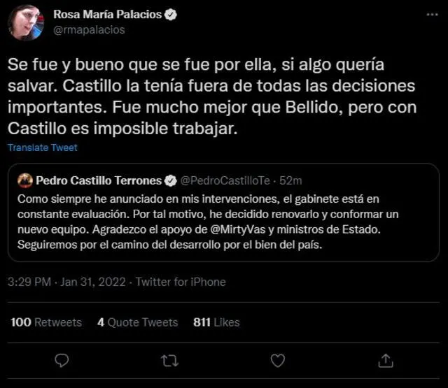Rosa María Palacios con respecto al anuncio del presidente sobre cambiar el gabinete