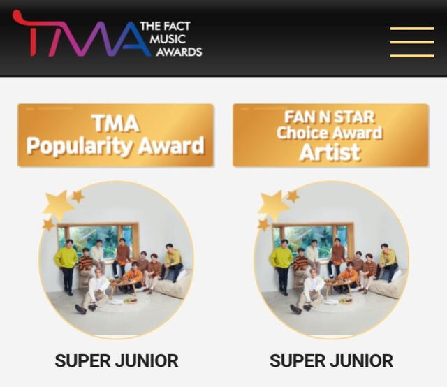 Captura de los resultados de SUPER JUNIOR en los The Fact Music Awards 2020. Foto: TMA