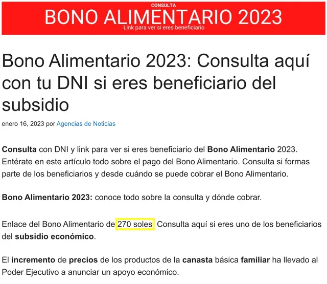 Información compartida por la página web Peruanini sobre el Bono Alimentario. Foto: captura LR/Peruanini.