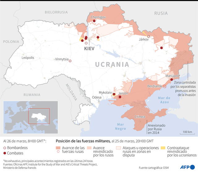 Mapa de la situación en Ucrania al 26 de marzo a las 08.00 GMT. Infografía: AFP