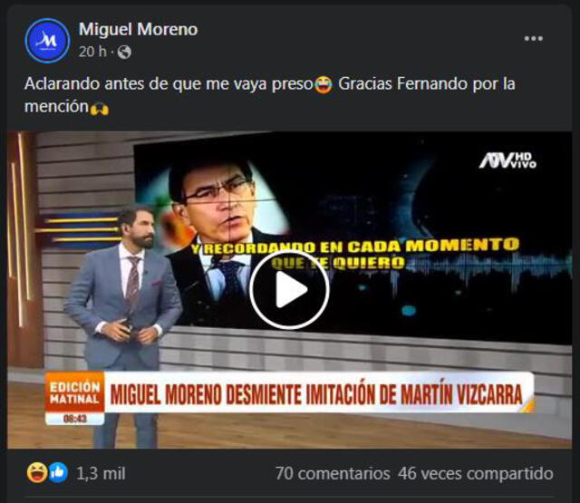 Miguel Moreno desmiente presunta imitación a Martín Vizcarra. Foto: captura de Facebook