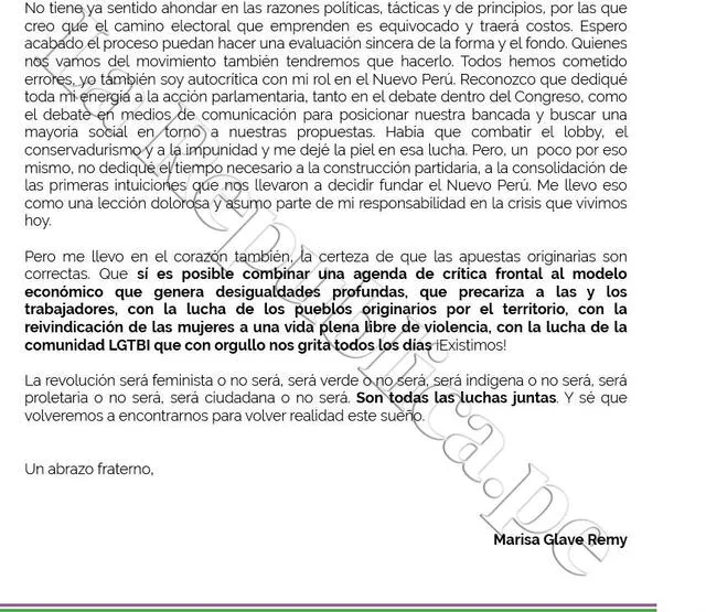 Carta de renuncia de Marisa Glave a Nuevo Perú. Foto: La República.