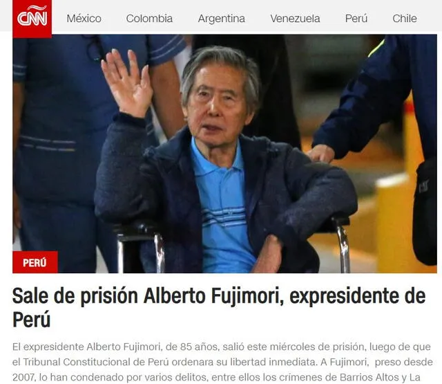  Así informó CNN sobre la liberación de Alberto Fujimori. Foto: CNN   