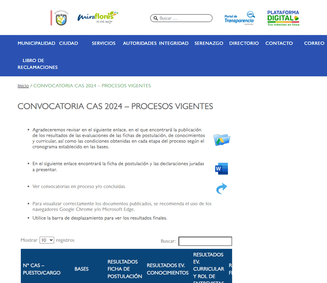 Portal web de la Municipalidad de Miraflores para verificar los puestos laborales. Foto: captura del portal web cas Miraflores. 