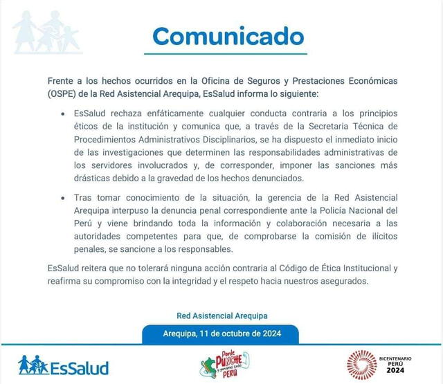  Comunicado de EsSalud. Foto: difusión.   