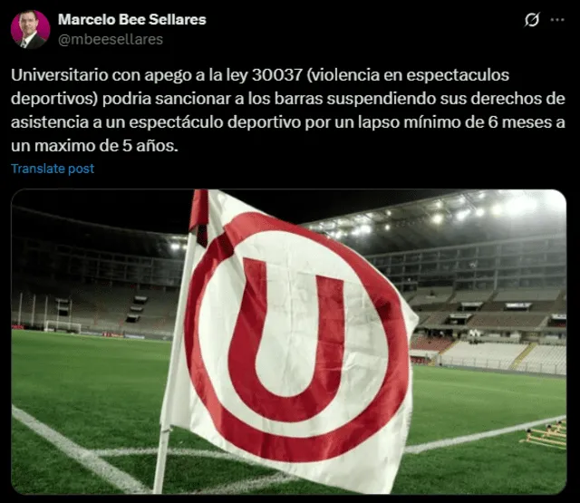  Abogado señaló que Universitario está amparado en la ley para pedir sanciones a malos hinchas. Foto: captura de X    